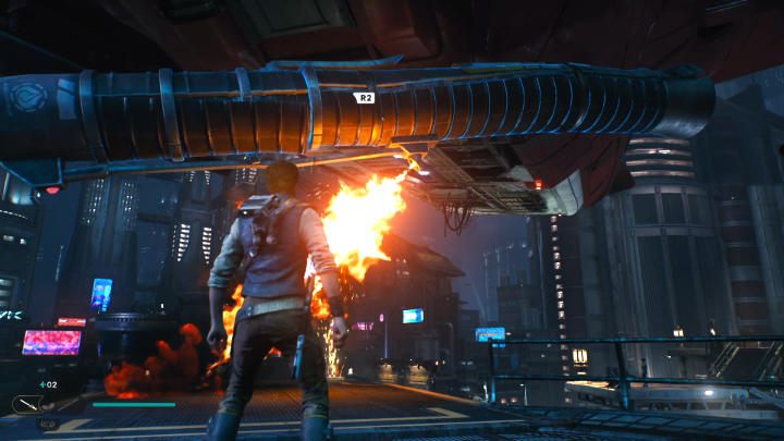 Użyjcie pchnięcia mocy na rurze, aby usunąć przeszkodę z drogi i poczekajcie, aż załoga opuści nieco statek - Star Wars Jedi Survivor: Coruscant - opis przejścia - Star Wars Jedi Survivor - poradnik do gry