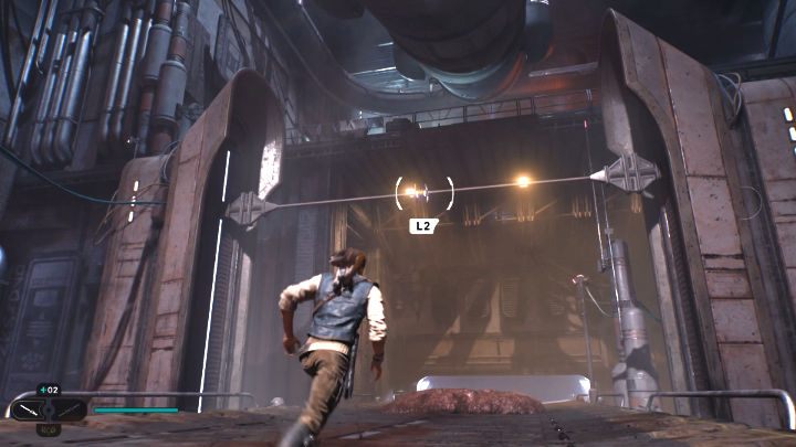 Obróćcie się i biegnijcie w przeciwnym kierunku - złapcie się linką punktu zaczepienia i przeskoczcie dalej - Star Wars Jedi Survivor: Coruscant - opis przejścia - Star Wars Jedi Survivor - poradnik do gry