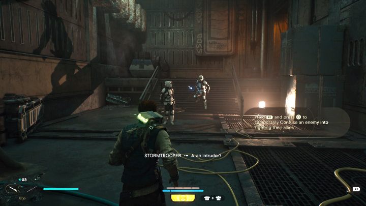 Otwórzcie drzwi, przejdźcie przez ciemne pomieszczenie i przeciśnijcie się przez wąską szczelinę po prawej stronie do dalszej części lokacji - Star Wars Jedi Survivor: Coruscant - opis przejścia - Star Wars Jedi Survivor - poradnik do gry