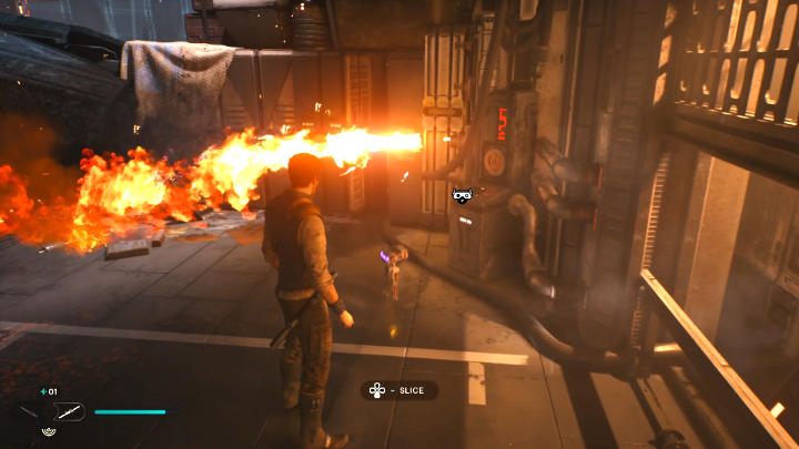 Skorzystajcie z pomocy BD-1, aby ugasić płomienie i otworzyć przejście do dalszej części lokacji - Star Wars Jedi Survivor: Coruscant - opis przejścia - Star Wars Jedi Survivor - poradnik do gry