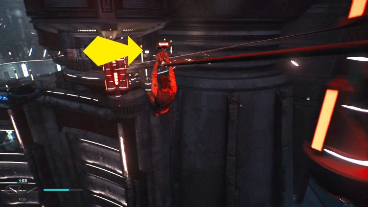 Zjeżdżając po linie, w odpowiednim momencie będziecie musieli przeskoczyć na linę po prawej stronie, aby kontynuować podróż - Star Wars Jedi Survivor: Coruscant - opis przejścia - Star Wars Jedi Survivor - poradnik do gry