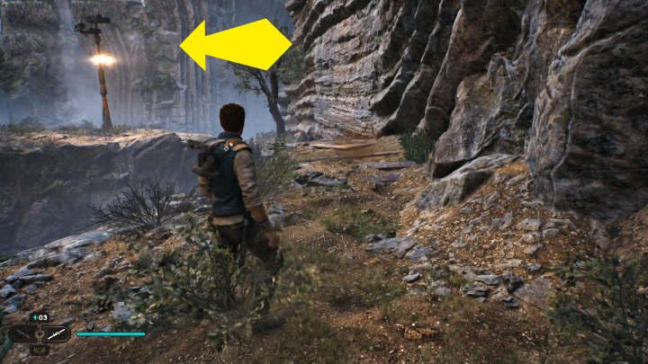 Przebiegnijcie po ścianie, a następnie przeskakujcie pomiędzy platformami, aby dostać się do jaskini - Star Wars Jedi Survivor: Odszukaj Greeza (Find Greez) - Star Wars Jedi Survivor - poradnik do gry