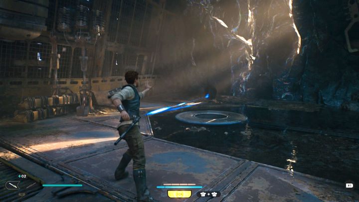 Gdy uruchomicie maszynę po prawej stronie, spod ziemi zaczną wychodzić bomby - bądźcie przygotowani na to, żeby pchnąć jeden z ładunków wybuchowych w stronę świecącej ściany, aby otworzyć przejście prowadzące do tamy - Star Wars Jedi Survivor: Odszukaj Greeza (Find Greez) - Star Wars Jedi Survivor - poradnik do gry