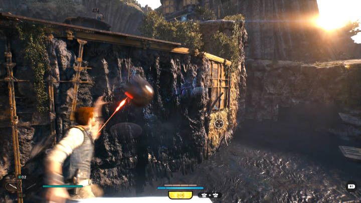 Powtórzcie powyższy manewr, ale tym razem podprowadźcie ładunek bliżej tamy, a następnie pchnijcie go w kierunku ściany, aby spowodować wybuch i podnieść poziom szlamu w zbiorniku - Star Wars Jedi Survivor: Odszukaj Greeza (Find Greez) - Star Wars Jedi Survivor - poradnik do gry