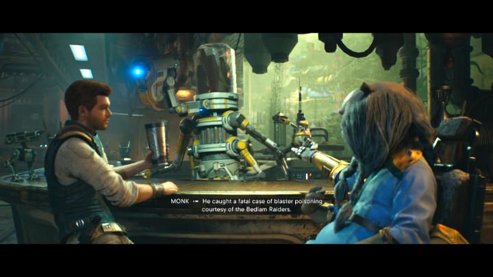 Po skończonej walce wejdźcie do baru, aby aktywować dłuższy przerywnik filmowy, w trakcie którego Cal spotka swojego przyjaciela, Greeza - Star Wars Jedi Survivor: Odszukaj Greeza (Find Greez) - Star Wars Jedi Survivor - poradnik do gry