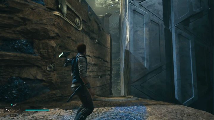 Przed Wami nieco trudniejsza sekwencja zręcznościowa - musicie przebiec po dwóch ścianach, a następnie wskoczyć do wąskiego tunelu, którym musicie dostać się na górę (odbijajcie się od ścian) - Star Wars Jedi Survivor: Znajdź żyroskop (Find Gyro Module) - Star Wars Jedi Survivor - poradnik do gry