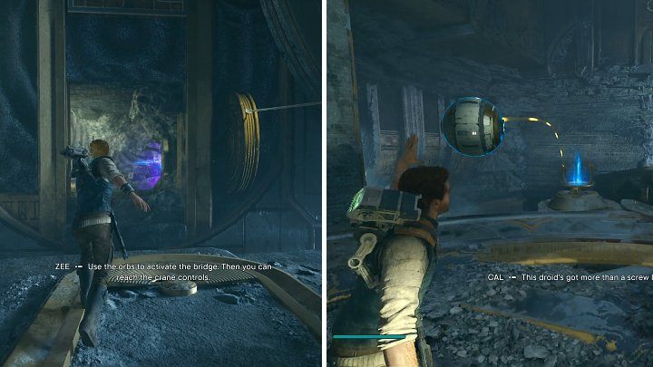 Za drzwiami znajdziecie kolejną kulę - przyciągnijcie ją i wróćcie z kulą na główną platformę i umieśćcie ją w jednym z wolnych mechanizmów - Star Wars Jedi Survivor: Znajdź żyroskop (Find Gyro Module) - Star Wars Jedi Survivor - poradnik do gry