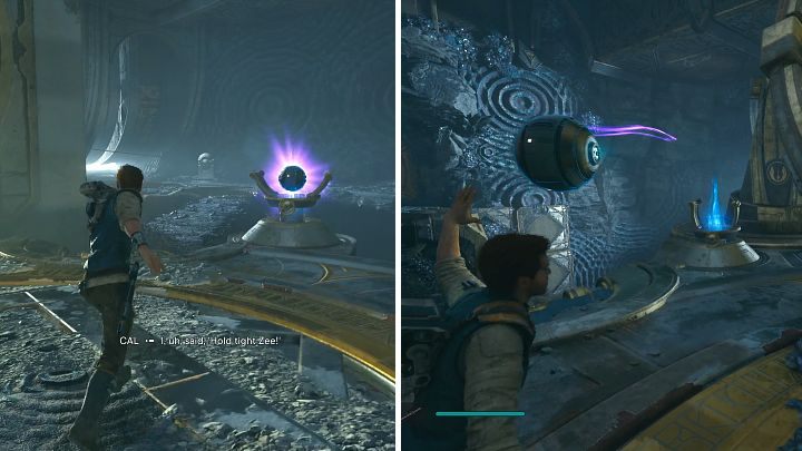 Przyciągnijcie teraz kulę, której użyliście wcześniej, aby ulokować ją pozostałym wolnym mechanizmie, tuż obok kuli, którą przed chwilą umieściliście - Star Wars Jedi Survivor: Znajdź żyroskop (Find Gyro Module) - Star Wars Jedi Survivor - poradnik do gry