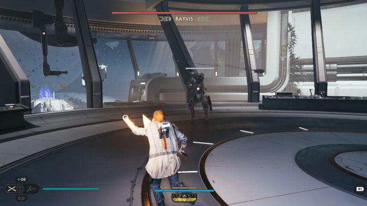 Musicie dwukrotnie pozbawić Rayvisa czerwonego paska zdrowia - Jedi Survivor: Jak pokonać Rayvisa w Laboratorium badawczym Republiki? - Star Wars Jedi Survivor - poradnik do gry