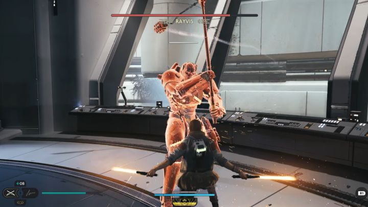 Jeden z ataków Rayvisa z łańcuchem jest obrotowym czerwonym atakiem - Jedi Survivor: Jak pokonać Rayvisa w Laboratorium badawczym Republiki? - Star Wars Jedi Survivor - poradnik do gry