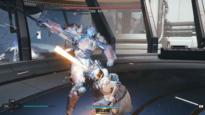 W pierwszej części pojedynku Rayvis lubi polegać na seriach zwykłych ataków - Jedi Survivor: Jak pokonać Rayvisa w Laboratorium badawczym Republiki? - Star Wars Jedi Survivor - poradnik do gry