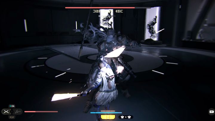 Obie fazy walki z Rayvisem możecie ułatwiać sobie poprzez stosowanie naładowanych ataków Mocą - Jedi Survivor: Jak pokonać Rayvisa w Laboratorium badawczym Republiki? - Star Wars Jedi Survivor - poradnik do gry