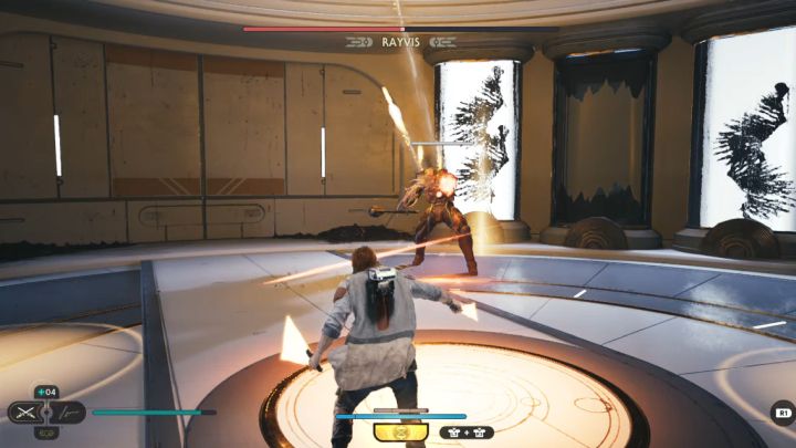 Starajcie się prowadzić walki na krótkim dystansie, bo w przeciwnym razie boss może stosować trudny do zablokowania ostrzał rakietowy - Jedi Survivor: Jak pokonać Rayvisa w Laboratorium badawczym Republiki? - Star Wars Jedi Survivor - poradnik do gry