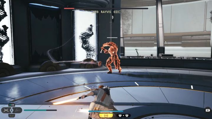 W drugiej części walki boss częściej polega na seriach ataków i najbardziej złożoną jest kombinacja 5 uderzeń - Jedi Survivor: Jak pokonać Rayvisa w Laboratorium badawczym Republiki? - Star Wars Jedi Survivor - poradnik do gry