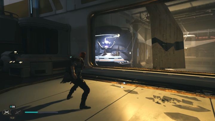 Obróćcie się i zauważycie wzmacniacz kul za duża pękniętą szklaną ścianą - Jedi Survivor: Zagadka wzmacniacza kul w Laboratorium badawczym Republiki - Star Wars Jedi Survivor - poradnik do gry