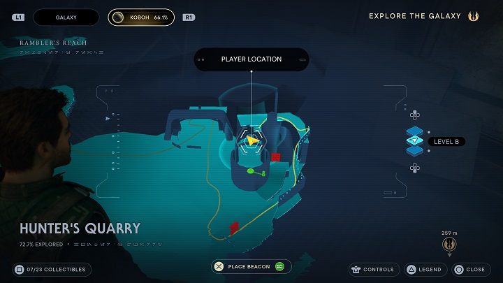 Następnie obejdźcie budynek znajdujący się w pobliżu i przebiegnijcie po ścianie, aby w następnej kolejności skorzystać z pnączy - Jedi Survivor: Kamieniołom myśliwego - lista sekretów - Star Wars Jedi Survivor - poradnik do gry