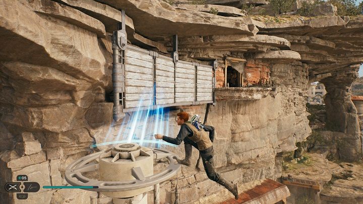 Z ich pomocą kierujcie się do ściany, po której będziecie mogli przebiec - zaprowadzi Was ona do małej skrytki ukrytej w skałach - Jedi Survivor: Kamieniołom myśliwego - lista sekretów - Star Wars Jedi Survivor - poradnik do gry