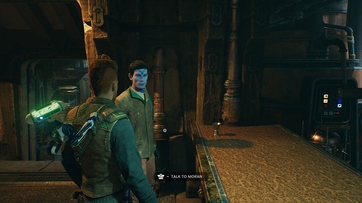 Żeby dostać się do ostatniej porcji sekretów musicie rozmawiać z Moranem do momentu, aż drzwi za nim zostaną otwarte - Jedi Survivor: Saloon Pyloony - lista sekretów - Star Wars Jedi Survivor - poradnik do gry