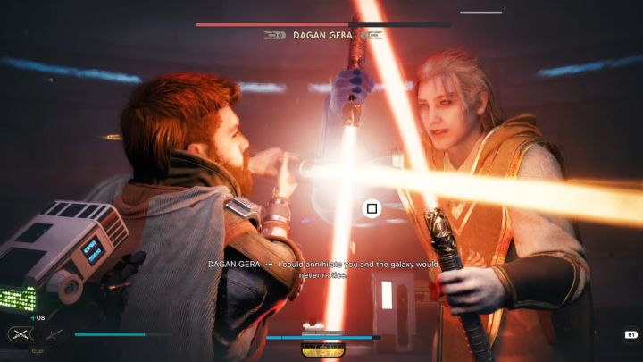 Jeśli dojdzie do sceny siłowania się na miecze świetlne, to tradycyjnie wciskajcie szybko widoczny przycisk ataku - Jedi Survivor: Jak pokonać bossa Dagan Gera na Pokładzie widokowym? - Star Wars Jedi Survivor - poradnik do gry