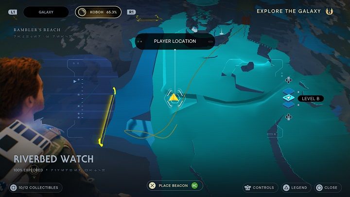 Idźcie wzdłuż rzeki, aż w końcu dotrzecie do małej wysepki - jest tam Droid grzebiący w ziemi - Jedi Survivor: Koryto - lista sekretów - Star Wars Jedi Survivor - poradnik do gry