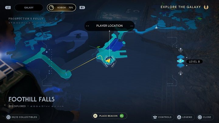 Kiedy skorzystacie z linki znajdującej się obok poszukiwacza znajdziecie się po drugiej stronie - Jedi Survivor: Podgórskie wodospady - lista sekretów - Star Wars Jedi Survivor - poradnik do gry