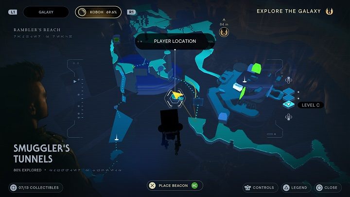 Po ostatniej znajdźce skoczcie w przesmyk znajdujący się na lewo od zielonej bariery zawieszonej przy ścianie - Jedi Survivor: Tunele przemytnika - lista sekretów - Star Wars Jedi Survivor - poradnik do gry