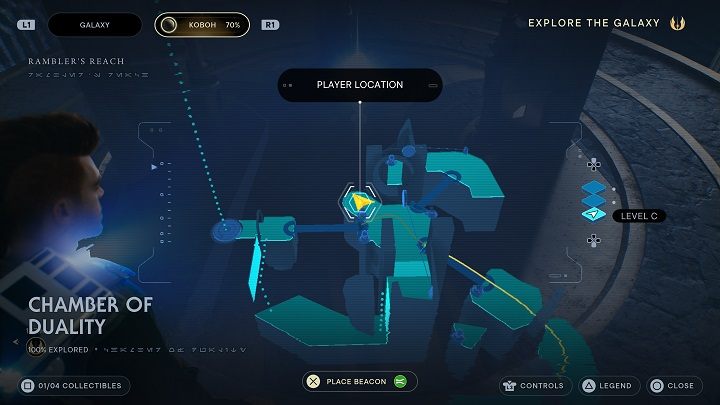 Na wprost od szczeliny, przez którą dostaliście się do głównej części komnaty, znajdziecie esencję - po interakcji z nią otrzymacie nowy atut - Jedi Survivor: Komnata dwoistości - lista sekretów - Star Wars Jedi Survivor - poradnik do gry