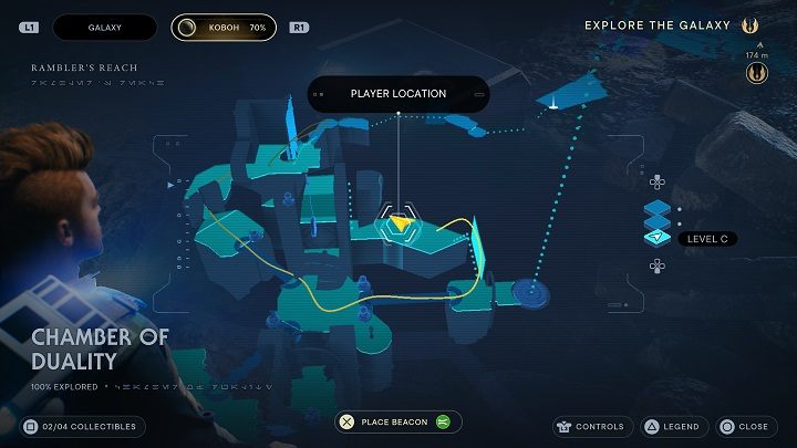 Jeśli od powyższej esencji zerkniecie na lewo, możecie zauważyć skrzynię na półce znajdującej się trochę niżej - Jedi Survivor: Komnata dwoistości - lista sekretów - Star Wars Jedi Survivor - poradnik do gry