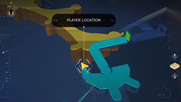 Sekret jest do odnalezieniu po zjechaniu na lince i zbliżeniu się do głównej części hangaru - Jedi Survivor: Hangar 2046-C z planety Coruscant - lista sekretów - Star Wars Jedi Survivor - poradnik do gry