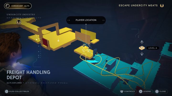 Sekret znajduje się w mniejszym obszarze za pomieszczeniem z dużą liczbą szturmowców - Jedi Survivor: Punkt spedycyjny z planety Coruscant - lista sekretów - Star Wars Jedi Survivor - poradnik do gry