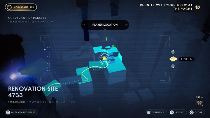 Sekret jest w ciemnej lokacji, do której dotrzecie po zaliczeniu dwóch biegów po ścianie - Jedi Survivor: Stanowisko remontowe nr 4733 z planety Coruscant - lista sekretów - Star Wars Jedi Survivor - poradnik do gry