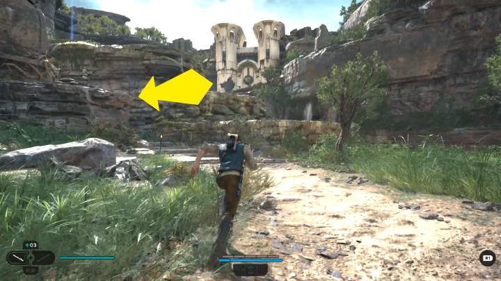 Wyjdźcie z salonu i udajcie się w kierunku biało-niebieskiej bramy widocznej w oddali - Star Wars Jedi Survivor: Leśny węzeł (The Forest Array) - Star Wars Jedi Survivor - poradnik do gry