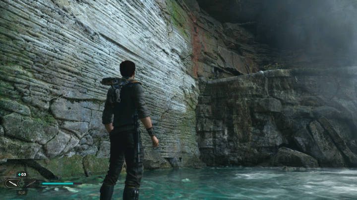 Po walce przejdźcie pod wodospadem i wbiegnijcie po ścianie na półkę skalną - Star Wars Jedi Survivor: Leśny węzeł (The Forest Array) - Star Wars Jedi Survivor - poradnik do gry