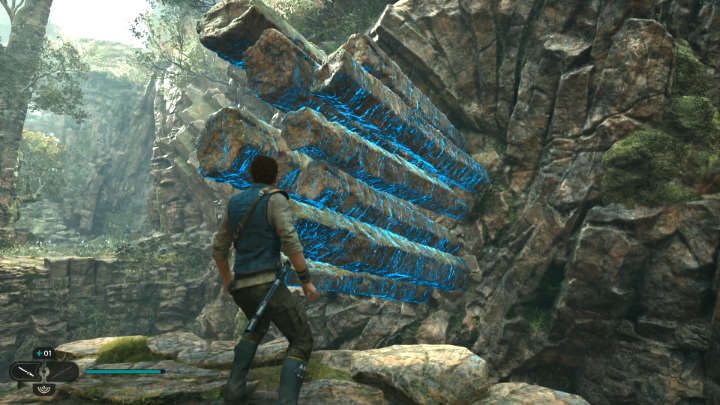 Użyjcie pchnięcia mocy na przeszkodzie widocznej na powyższym obrazku, a następnie przy pomocy BD-1 aktywujcie tyrolkę i użyjcie jej, aby przedostać się na drugą stronę - Star Wars Jedi Survivor: Leśny węzeł (The Forest Array) - Star Wars Jedi Survivor - poradnik do gry