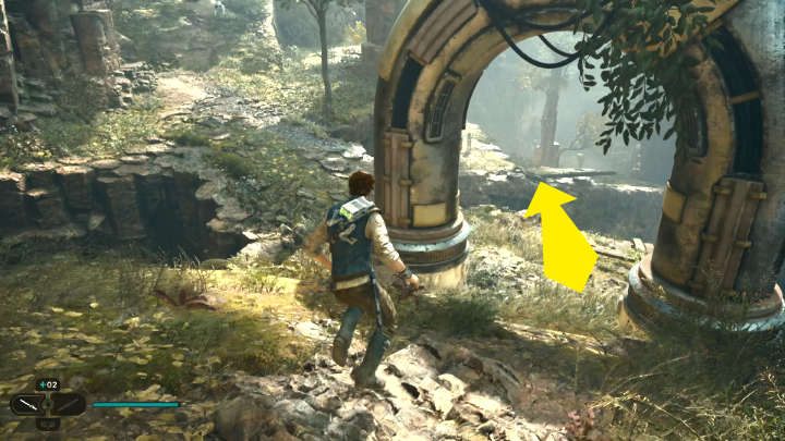 Dalsza droga do głównego celu misji prowadzi prosto, przez bramę widoczną na powyższym obrazku - Star Wars Jedi Survivor: Leśny węzeł (The Forest Array) - Star Wars Jedi Survivor - poradnik do gry
