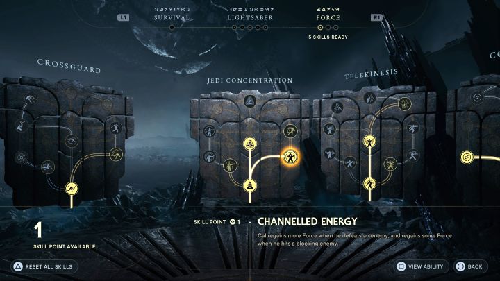 Skanalizowana energia z drzewka Koncentracja Jedi - To umiejętność, która poprawia odzyskiwanie punktów Mocy za atakowanie przeciwników (najwięcej punktów otrzymacie za eliminowanie ich) - Star Wars Jedi Survivor: Najlepsze umiejętności - Star Wars Jedi Survivor - poradnik do gry