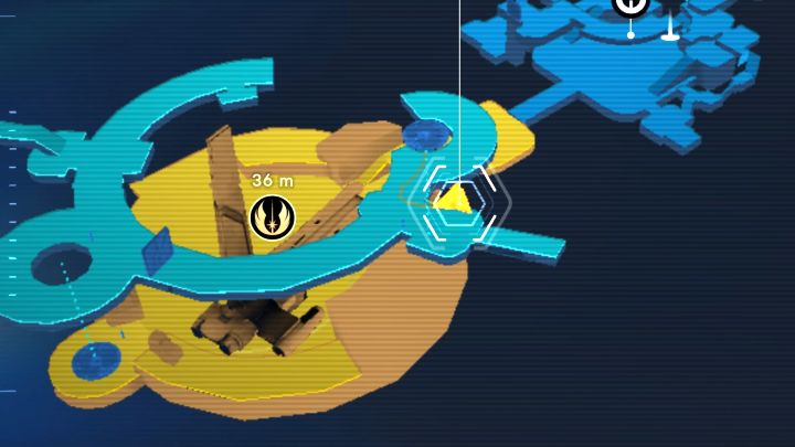 Skrzynię znajdziecie na górnym poziomie (użyjcie windy obok Modliszki), przy skałach - Jedi Survivor: Ukryty hangar z planety Jedha - lista sekretów - Star Wars Jedi Survivor - poradnik do gry