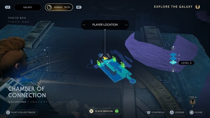 Żeby dostać się do jedynej skrzyni dostępnej w tej lokacji, musicie udać się do przodu i stanąć na przycisku - otworzycie w ten sposób drzwi do skrytki z kulą - Jedi Survivor: Komnata Połączenia - lista sekretów - Star Wars Jedi Survivor - poradnik do gry