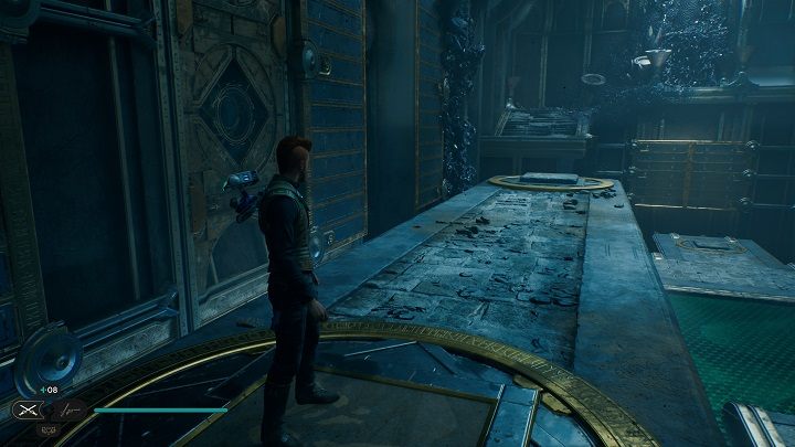 Zwróćcie uwagę, że na drugim końcu konstrukcji jest kolejny przycisk - oba przydadzą się za chwilę - Jedi Survivor: Komnata Połączenia - lista sekretów - Star Wars Jedi Survivor - poradnik do gry