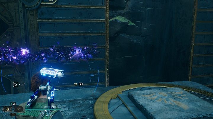 Teraz musicie użyć kruszarki BD-1 i przeprowadzić strumień na prawo, stając jednocześnie w odpowiednich momentach na wyżej wspomnianych przyciskach (w ten sposób ominiecie wodospad, który uniemożliwia korzystanie z kruszarki) - Jedi Survivor: Komnata Połączenia - lista sekretów - Star Wars Jedi Survivor - poradnik do gry