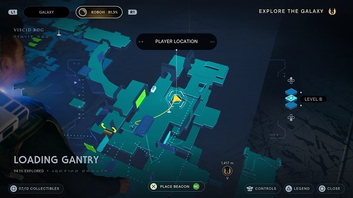 Udajcie się w stronę punktu medytacji i zeskoczcie na dół - pod pochyłym przejściem na górę znajdziecie odłamek Priorytu - Jedi Survivor: Suwnica Załadunkowa - lista sekretów - Star Wars Jedi Survivor - poradnik do gry