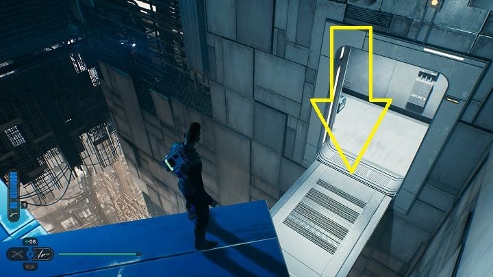 Po wylądowaniu zeskoczcie na dół na wskazaną powyżej platformę - Jedi Survivor: Suwnica Załadunkowa - lista sekretów - Star Wars Jedi Survivor - poradnik do gry