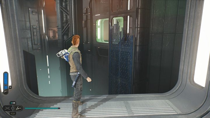 Odwróćcie się od poprzednio otwartej skrzyni i skierujcie na prawo - znajdziecie tam ścianę do wspinaczki obok zielonej bariery - Jedi Survivor: Suwnica Załadunkowa - lista sekretów - Star Wars Jedi Survivor - poradnik do gry