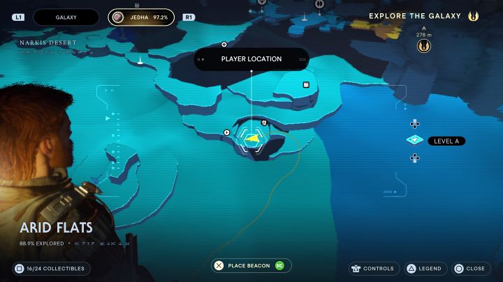 Zwój z Jedhy ukryty został w jaskini okupowanej przez potwory i wejście do niej pokazuje obrazek 1 - Jedi Survivor: Suche równiny z planety Jedha - lista sekretów - Star Wars Jedi Survivor - poradnik do gry