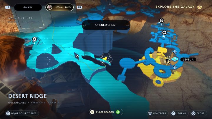 Skrzynia jest na półce obok miejsca, w którym możecie utworzyć skrót dzięki rozwinięciu liny - Jedi Survivor: Pustynny Grzbiet z planety Jedha - lista sekretów - Star Wars Jedi Survivor - poradnik do gry