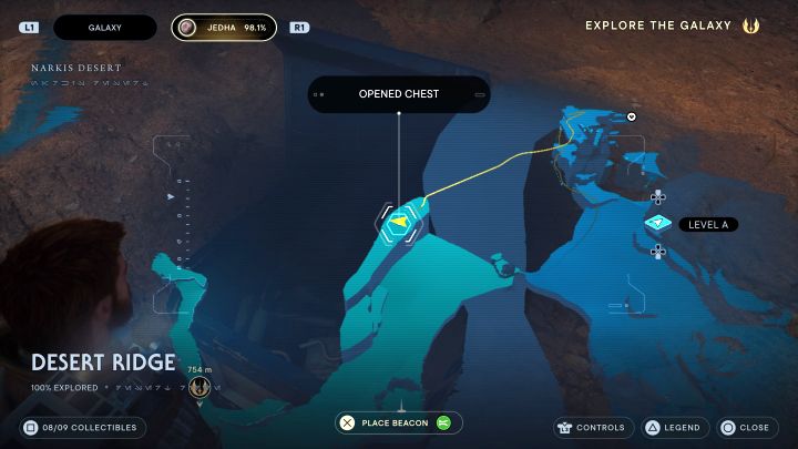 Dotarcie do ostatniej skrzyni jest problematyczne, bo jest ona na pozornie niedostępnej wysokiej półce - pokazuje ją dołączony obrazek - Jedi Survivor: Pustynny Grzbiet z planety Jedha - lista sekretów - Star Wars Jedi Survivor - poradnik do gry