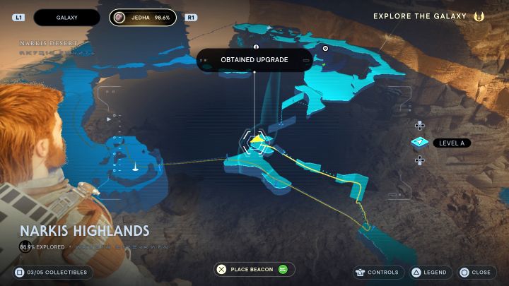 Docelowo dotrzecie na odosobnioną skalną półkę, na której jest esencja - Jedi Survivor: Wyżyny Narkis z planety Jedha - lista sekretów - Star Wars Jedi Survivor - poradnik do gry