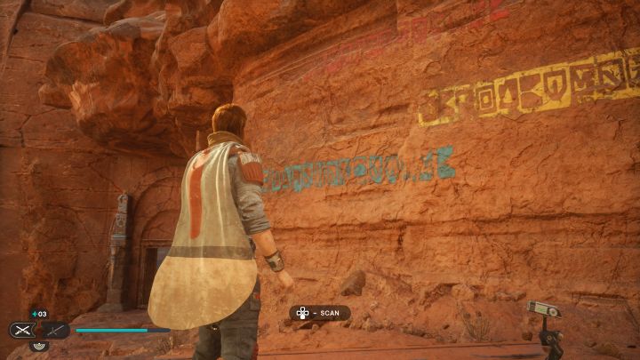 Musicie zeskanować napisy na ścianie przy ścieżce biegnącej nad Panteonem na szlaku - Jedi Survivor: Gwiżdżąca przepaść z planety Jedha - lista sekretów - Star Wars Jedi Survivor - poradnik do gry