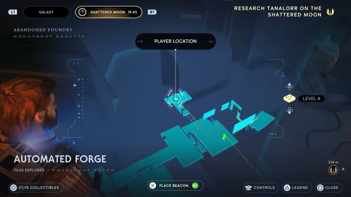 Do stacji do zeskanowania możecie dotrzeć od strony półki, na której odblokowuje się skróty (rozwieszenie lin) - Jedi Survivor: Kuźnia automatyczna ze Zniszczonego Księżyca - lista sekretów - Star Wars Jedi Survivor - poradnik do gry