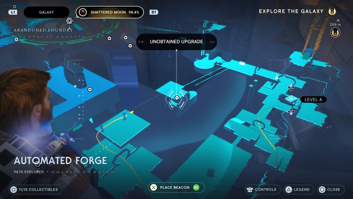 Dotrzyjcie do miejsca, w którym Cal może zjechać na linie, a w oddali widoczne są dwie kolejne liny - Jedi Survivor: Kuźnia automatyczna ze Zniszczonego Księżyca - lista sekretów - Star Wars Jedi Survivor - poradnik do gry